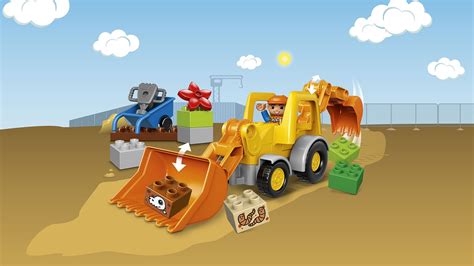Ilustracja przedstawiająca dziecko bawiące się zestawem LEGO Duplo Koparko-ładowarka 10811 na tle scenerii budowy
