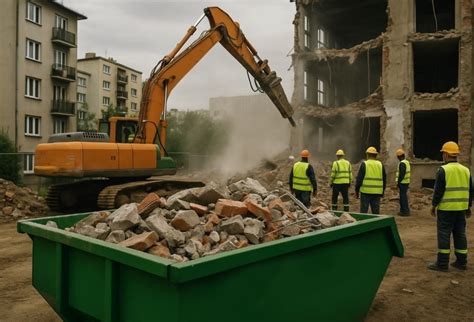 Schemat etapów wyburzania budynku od zabezpieczenia po wywóz gruzu