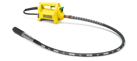 Infographic illustrating the components of a Wacker Neuson concrete vibrator: vibrator head, flexible shaft, and drive unit