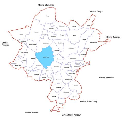 Mapa powiatu płońskiego z zaznaczonymi obszarami gminy Raciąż i miasta Płońsk