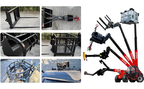 Thematic photo of a telehandler with various attachments in different work environments (construction, agriculture, warehouse)