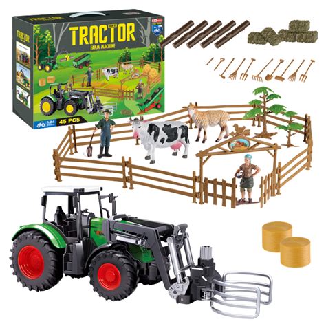 Zestaw zabawkowy zawierający zielony traktor rolniczy, przyczepę oraz figurki koni i farmerów