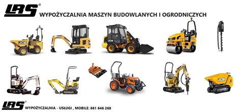 infografika przedstawiająca różne typy maszyn budowlanych dostępnych na wynajem: miniładowarka, minikoparka, wozidło