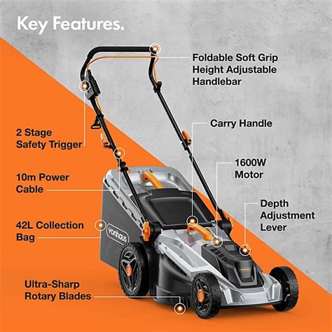 Infographic showing adjustable cutting heights on an electric lawnmower
