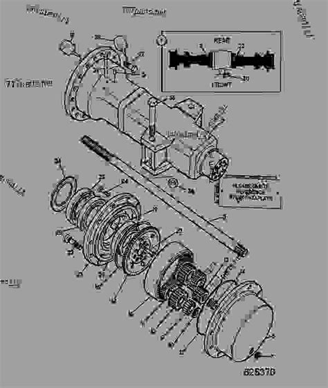 Exploded view or schematic of JCB 3CX rear axle with integrated brakes