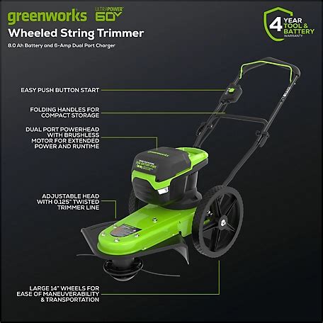 Infographic illustrating the key technical specifications of a wheeled string trimmer
