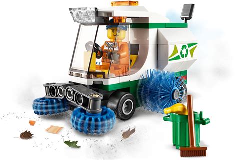 Zestaw LEGO City Zamiatarka (60249) w akcji, z obracającymi się szczotkami i figurką kierowcy.
