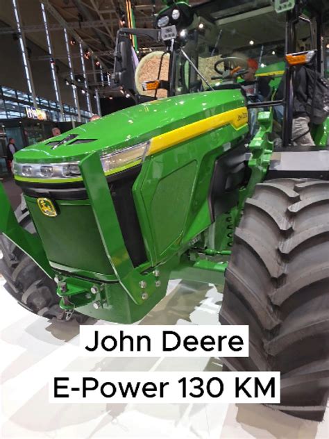 Ilustracja kompaktowego ciągnika elektrycznego John Deere z zaznaczonymi cechami wydajności