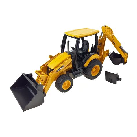 Zdjęcie przedstawiające szczegółowy model koparko-ładowarki JCB marki Bruder w trakcie pracy
