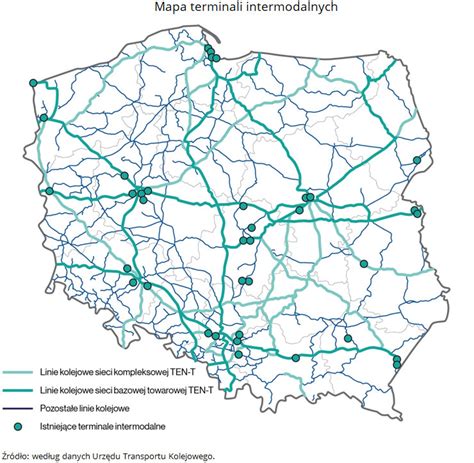 mapa szlaków transportu intermodalnego z zaznaczeniem punktów przeładunkowych BDF