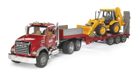 Model ciężarówki Mack Granite z naczepą niskopodwoziową i koparko-ładowarką JCB