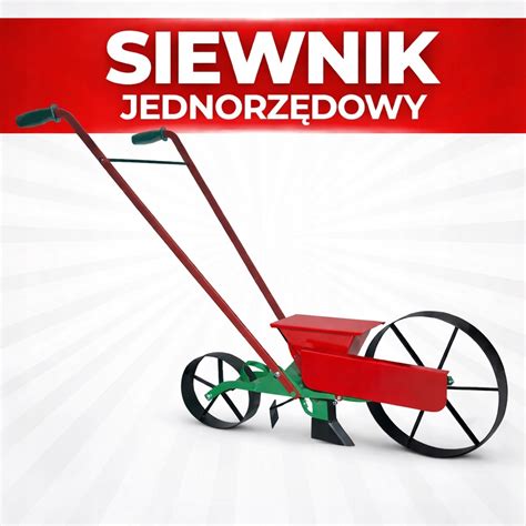 Ilustracja przedstawiająca różne typy siewników ogrodowych: ręczny, taczkowy i punktowy