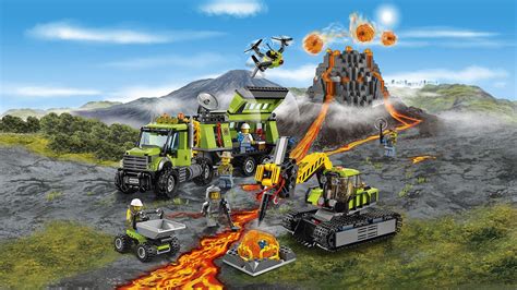 The entire LEGO City Volcano Exploration Base (60124) set with all vehicles, minifigures, and the volcano