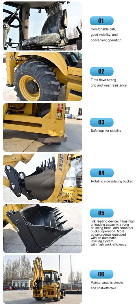 Infographic showing different attachments for a backhoe loader