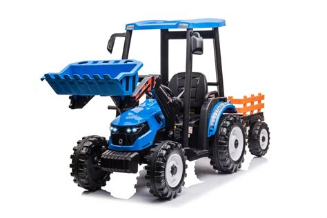 Niebieski elektryczny traktor z przyczepą dla dzieci