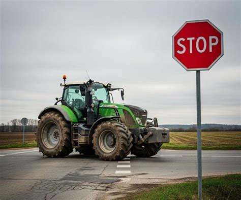 Nowoczesny ciągnik rolniczy Fendt z obciążnikiem na przednim TUZ-ie, stojący na skrzyżowaniu dróg obok znaku