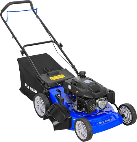 Infographics showing 5 functions of a petrol lawnmower: collecting, rear discharge, side discharge, mulching, self-propelled