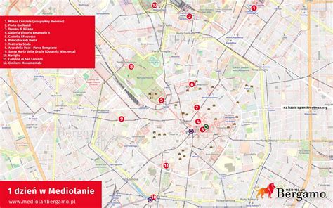 mapa Mediolanu z zaznaczonymi miejscami działań misyjnych