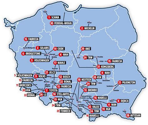 Mapa lokalizacji fabryk oraz główne kategorie maszyn rolniczych produkowanych przez firmę Unia