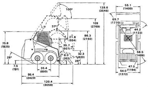 The Bobcat S70 compact loader at work, with dimensions overlayed