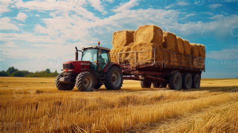 Thematic photo of a tractor with a rear loader transporting hay bales