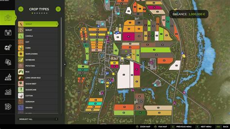 Mapa Farming Simulator 17 z zaznaczonymi obszarami pól do uprawy