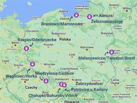 mapa przedstawiająca przejścia graniczne między Polską a Białorusią oraz terminale przeładunkowe