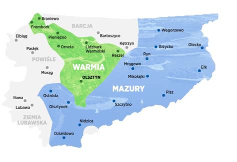 Mapa regionu Mazur z zaznaczonymi punktami sprzedaży sprzętu rolniczego w okolicach Olecka i Ełku