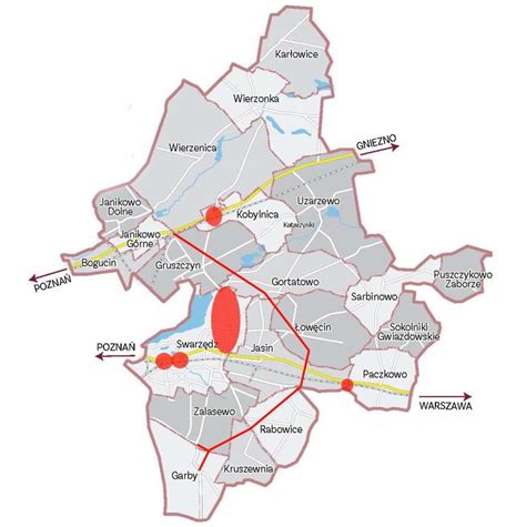 Plan miasta Swarzędza z zaznaczonymi obszarami inwestycji budowlanych