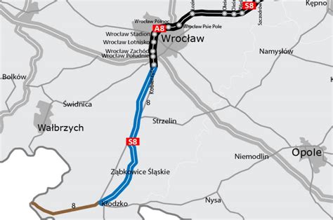 mapa trasy S8 z zaznaczeniem Starego Krzewa