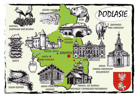 Mapa regionu Podlasia z zaznaczonymi obszarami obsługi transportu kruszyw