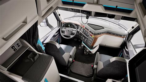 Interior view of a modern Volvo truck cabin, focusing on ergonomics