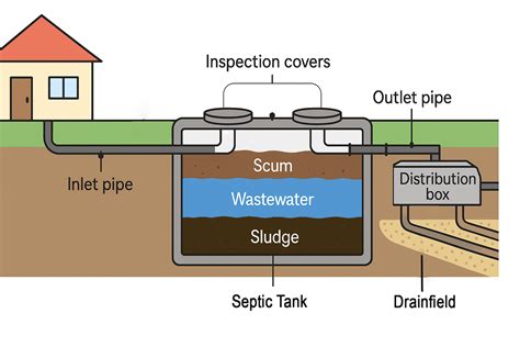 Detailed schematic diagram of a septic tank truck showing tank, pump, hoses, and chassis