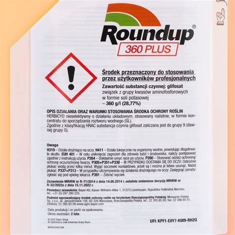 Etykieta lub grafika produktu Roundup 360 Plus z informacjami o zastosowaniu