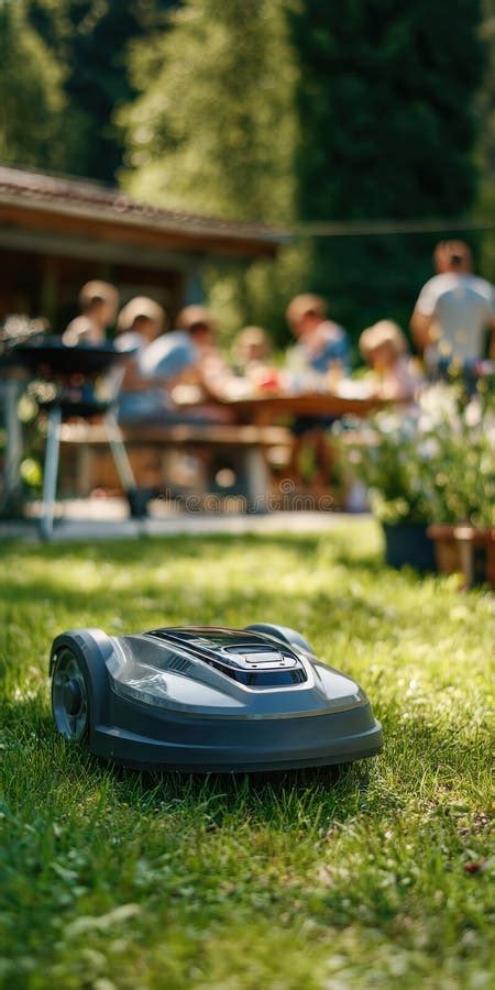 Photo of a robotic lawnmower working in a garden