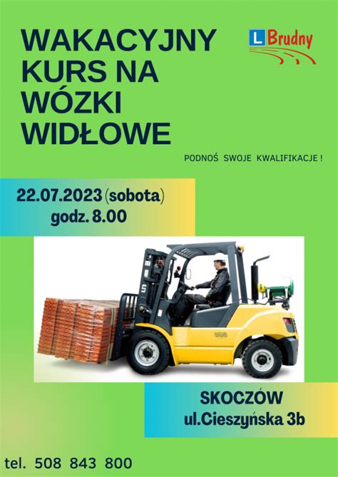 Infografika przedstawiająca proces uzyskiwania uprawnień na wózki widłowe: od zapisu na kurs, przez szkolenie teoretyczne i praktyczne, aż po egzamin i odbiór certyfikatu.