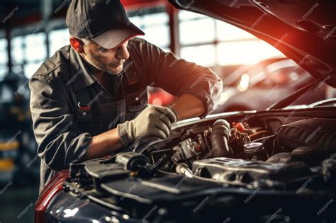 Zdjęcie przedstawiające mechanika naprawiającego kosiarkę w serwisie