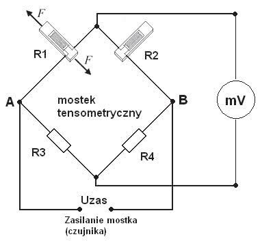 Schemat budowy czujnika tensometrycznego z mostkiem Wheatstone'a