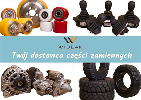 Zdjęcie przedstawiające różnorodne części zamienne do wózków widłowych, w tym opony i baterie