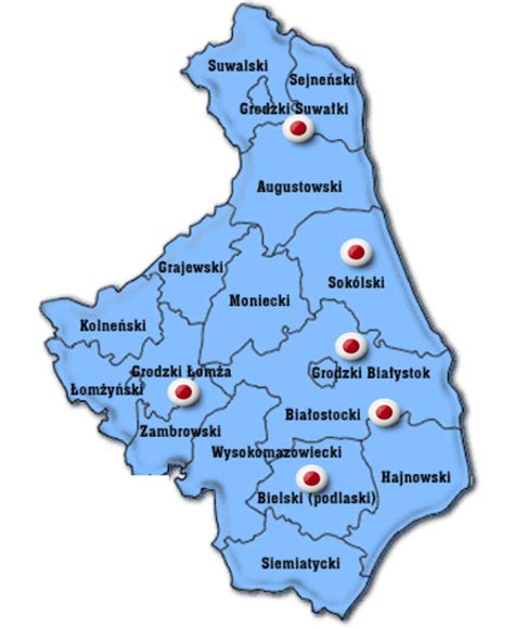 mapa regionu podlaskiego z zaznaczonym Augustowem