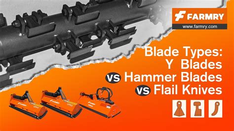 Infographic or diagram showing different types of flail mower blades (hammer, Y, straight)