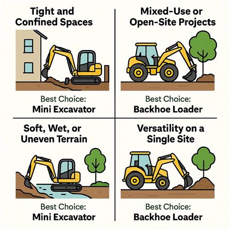 Infographic showing different types of earthworks performed by a backhoe loader