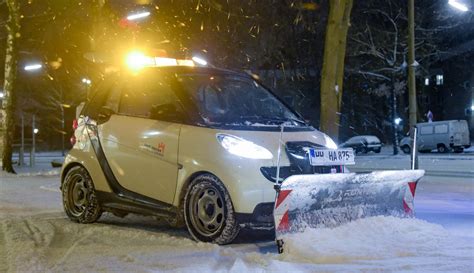 Thematic photo of a car with a snow plow attached in a winter landscape