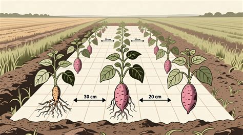 Infographic showing recommended potato planting distances: row spacing and in-row spacing