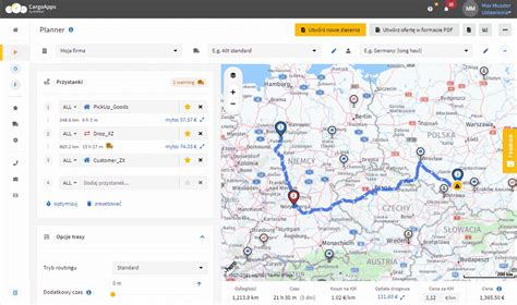 Mapa tras promowych dla ciężarówek w Europie