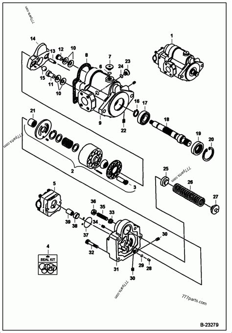 Schematic diagram of a Bobcat hydraulic pump assembly, highlighting element 24 and the pressure regulation mechanisms