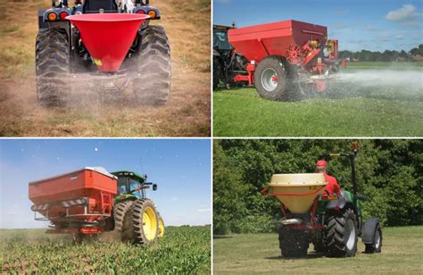 Thematic photo of various types of fertilizer spreaders in a field