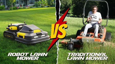 Infographic comparing features of traditional mowers, robot mowers, and lawn tractors