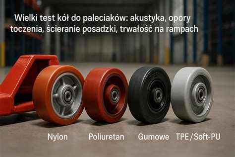 infografika porównująca rodzaje kół do wózków paletowych (nylonowe, gumowe, poliuretanowe)
