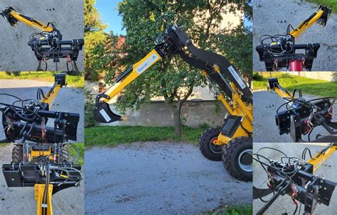 Ramię kopiące do miniładowarki z zaznaczonym hydraulicznym skrętem i różnymi rodzajami łyżek